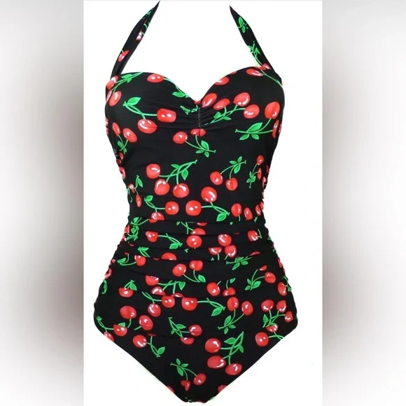 Retro 50s Inspired Cherry Print Black and Red Swimsuit Size 3XL - Picture 5 of 7